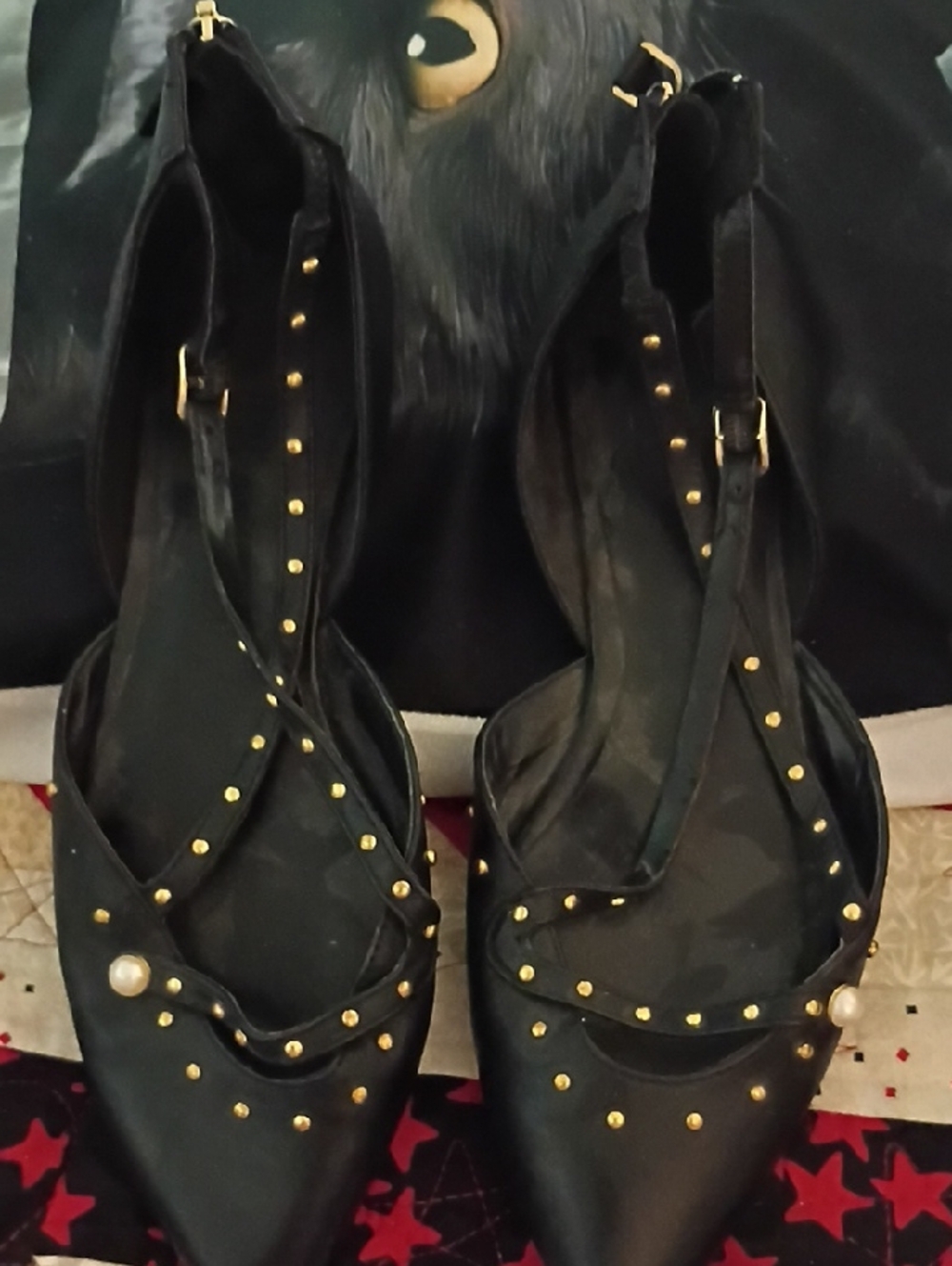 Black Pointed Toe Ankle Strap Heels with Gold Studs